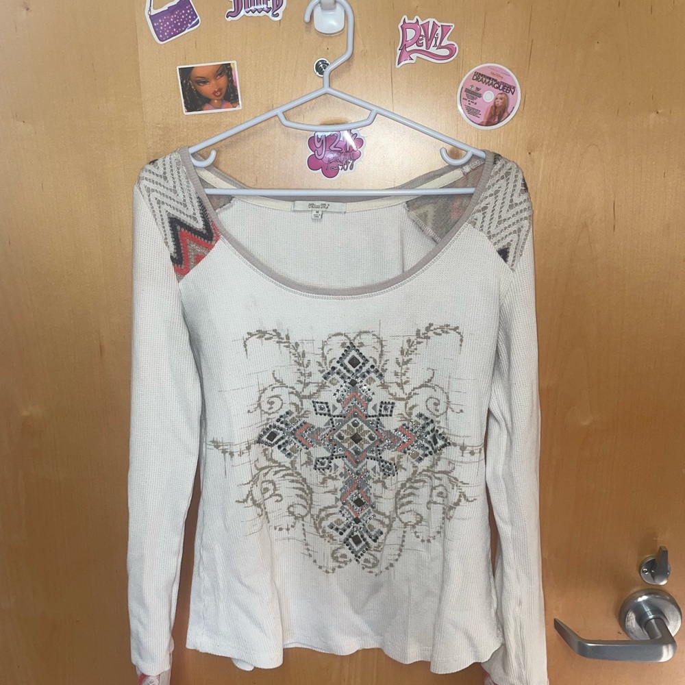 Miss Me Multicolored Graphic Long Sleeve Blouse
